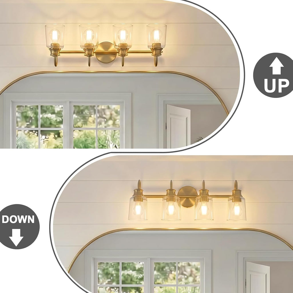 4 Lights Bathroom Light Fixtures Modern Gold Vanity Lights for Bathroom Lighting Fixtures Over Mirror with Clear Glass Shade for Cabinet Mirror Bedroom Hallway
