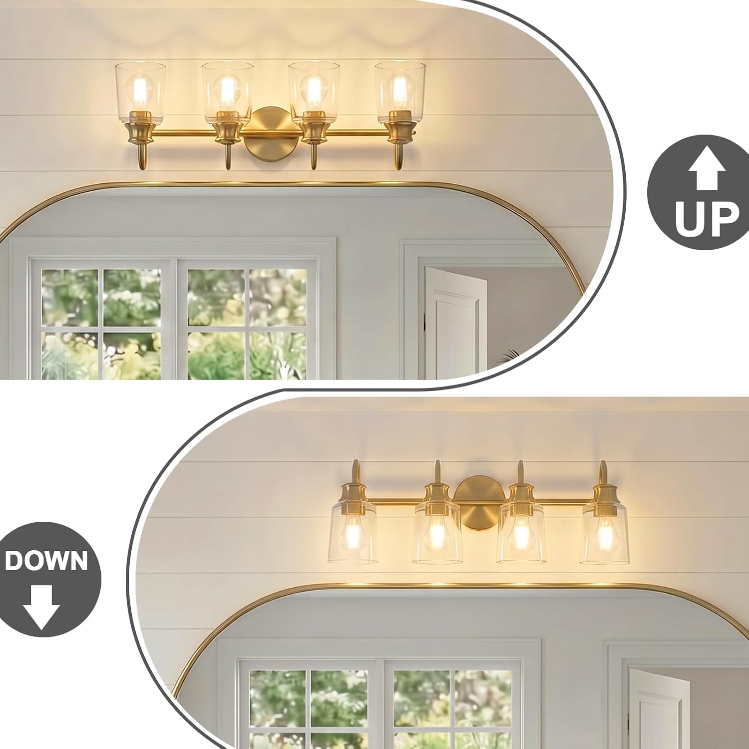 4 Lights Bathroom Light Fixtures Modern Gold Vanity Lights for Bathroom Lighting Fixtures Over Mirror with Clear Glass Shade for Cabinet Mirror Bedroom Hallway