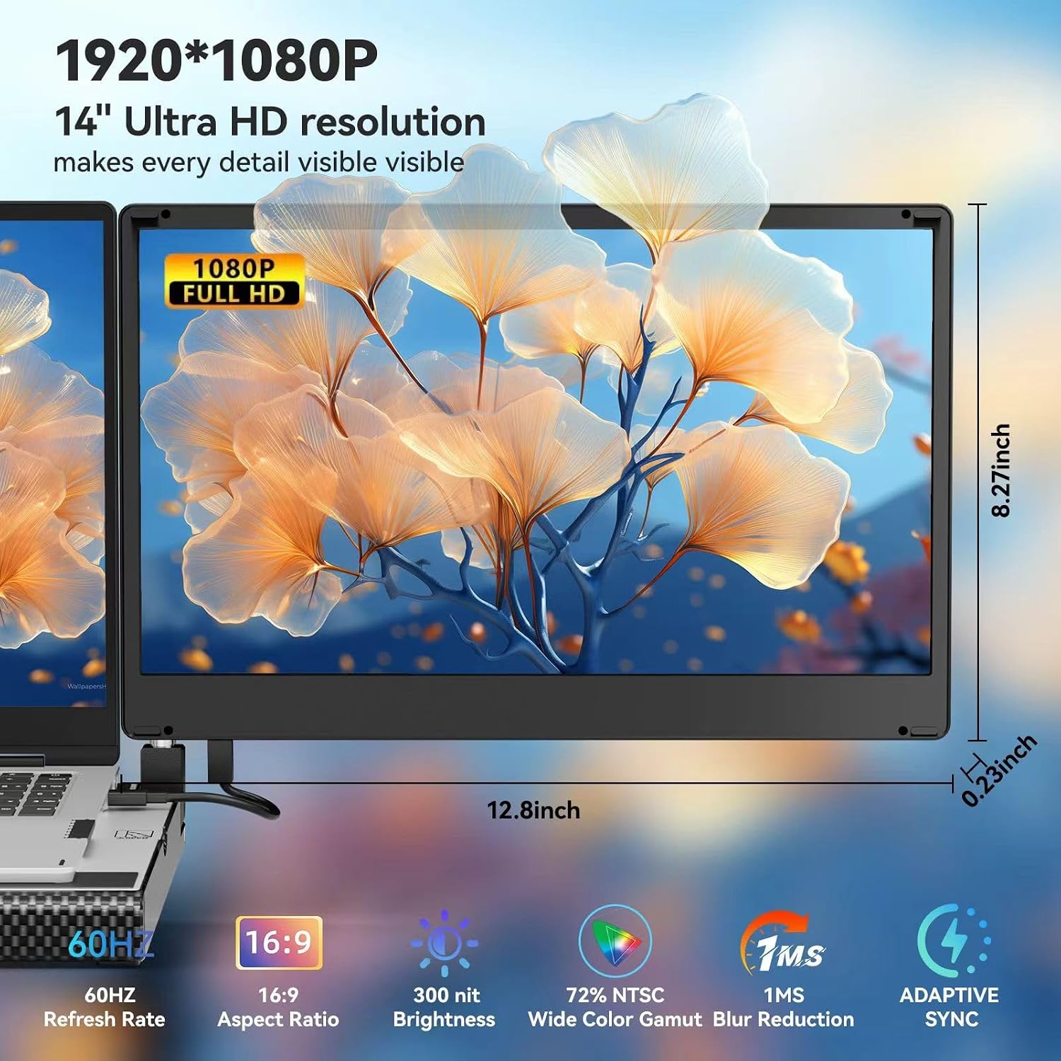 14' Laptop Screen Extender Smart Base - Upgraded Triple Portable Monitor FHD 1080P -300% More Efficient, 360° Rotation/Detachable Dual Display, Plug-Play USB C/HDMI,Laptop Monitor Extender for Win/Mac