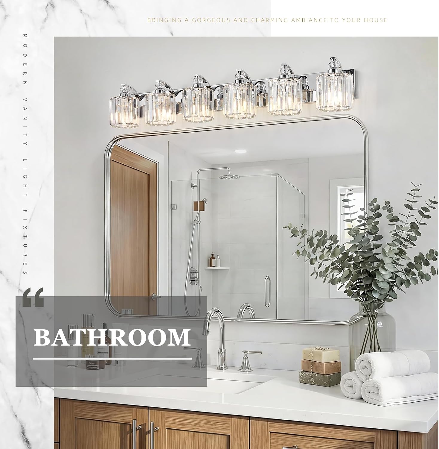 6-Light Modern Bathroom Light Fixture Chrome Vanity Lights Over Mirror Wall Sconce Lighting with K9 Crystal Shades Bathroom Wall Lamp E26 Base for Bedroom, Living Room, Hallway