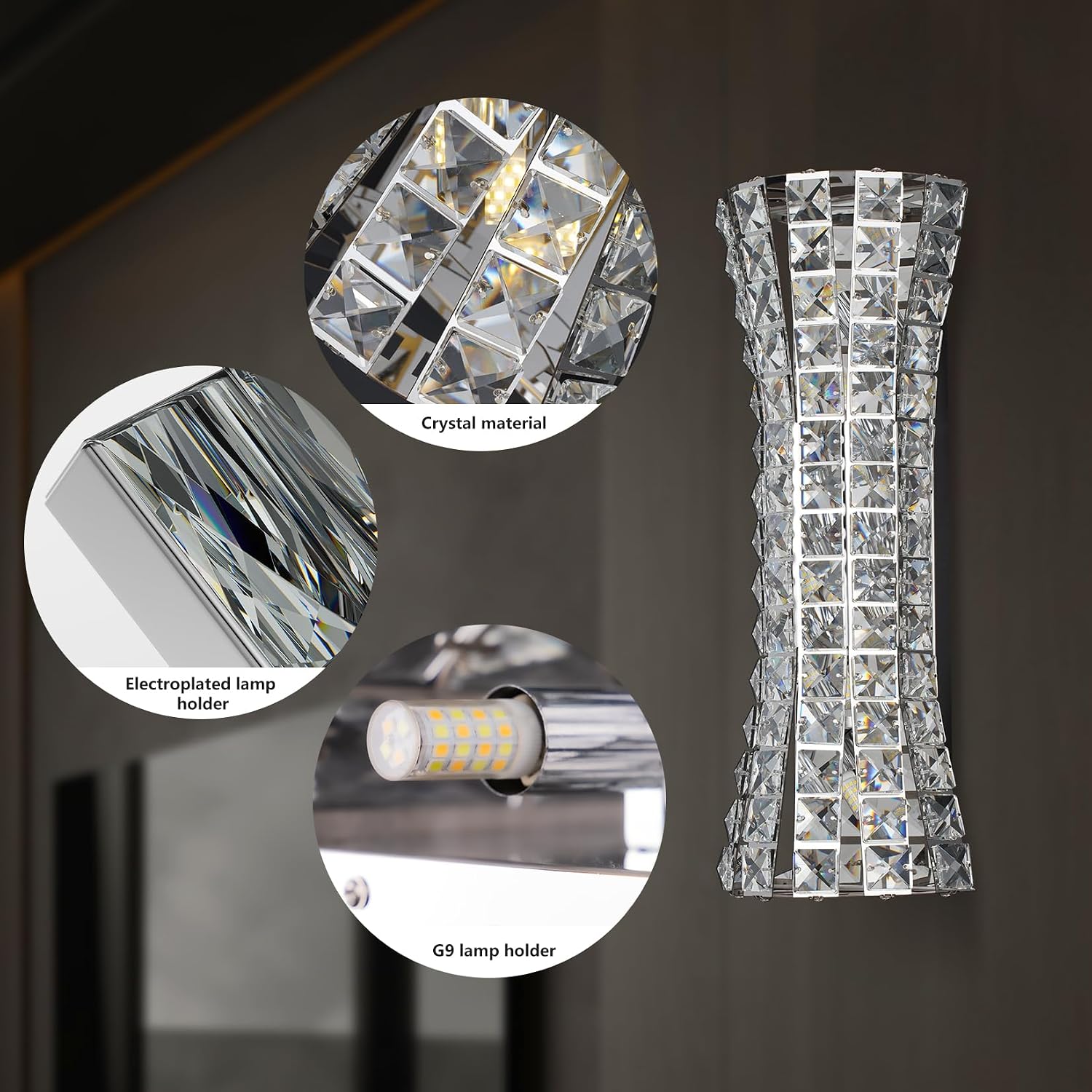 Crystal Wall Sconces,Modern Wall Light Fixtures,Luxury Indoor Chrome Wall Lamp for Living Room Bedroom Bathroom Hallway Doorway Stairway,Bedside,Tricolor Vanity Lighting Fixture