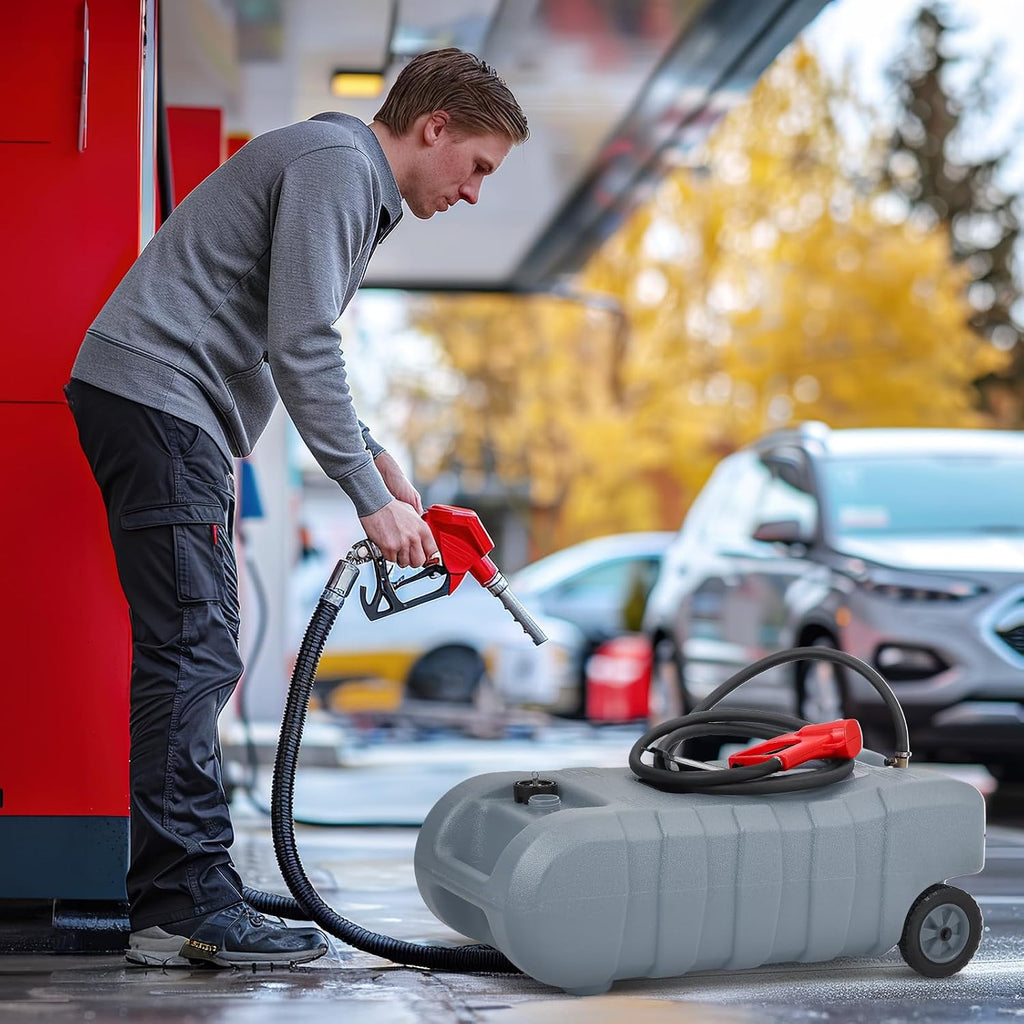 15 Gallon Gas Can, Fuel Tank Container with LE Fluid Transfer Manual Siphon Pump & 10FT Hose, Portable Diesel Gas Storage Caddy with Wheels for Car, ATV, Weeder, Boat, etc., Grey