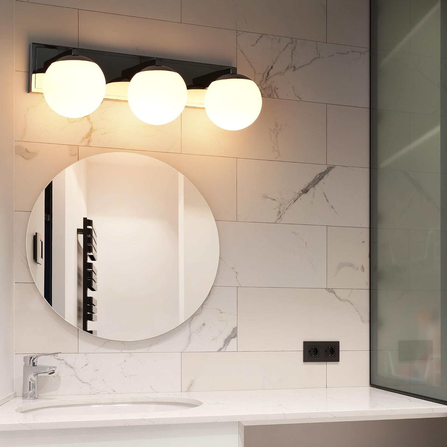 Chrome Bathroom Vanity Light Fixtures, 3-Light Globe Bathroom Vanity Light Fixtures Over Mirror, Modern Wall Lights for Living Room, Long Backplate, Standard E26 Base, Chrome