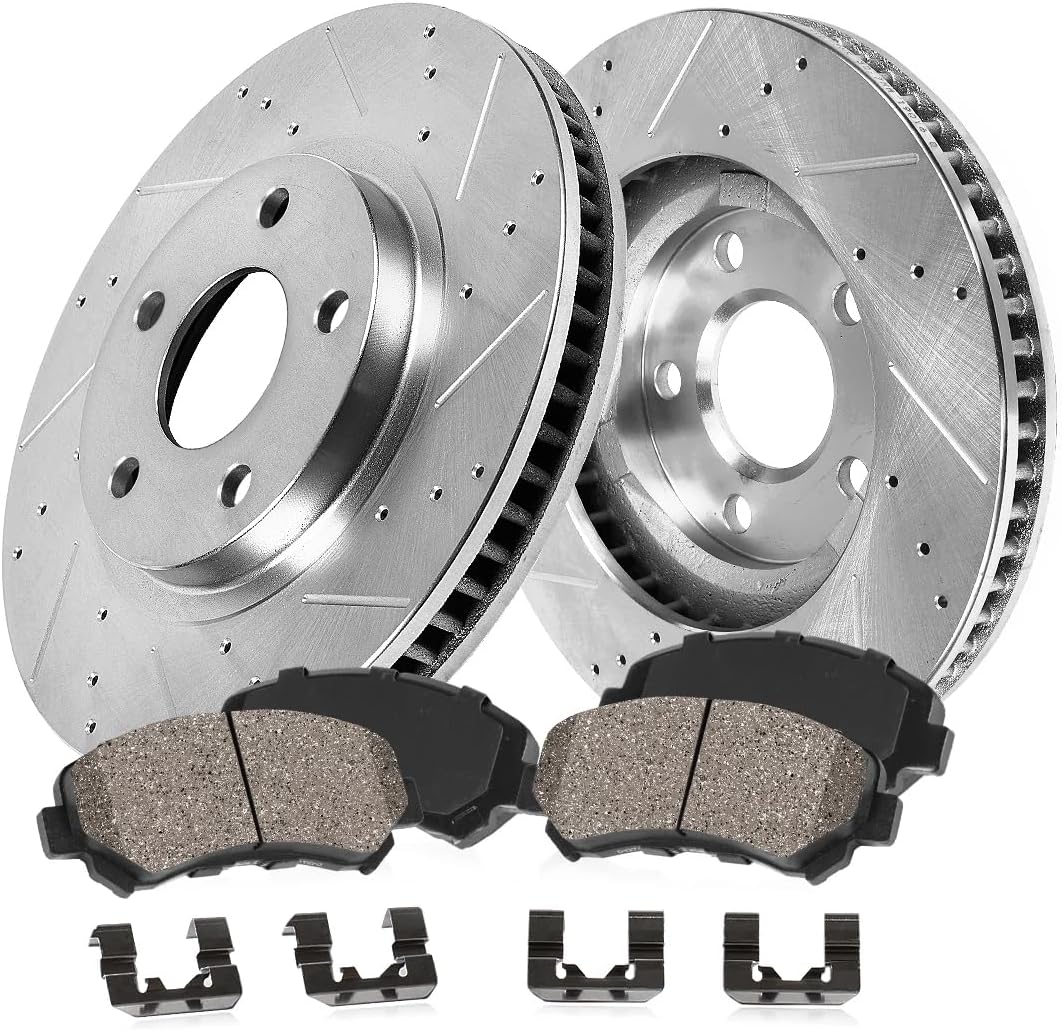 Callahan Brake Parts Front Brake Kit For Buick Lucerne 2006-11 |Chevrolet Impala 2006-13 |Impala Limited 2014-16 - Drilled & Slotted Disc Rotors with Ceramic Brake Pads + Hardware, EBYK010399