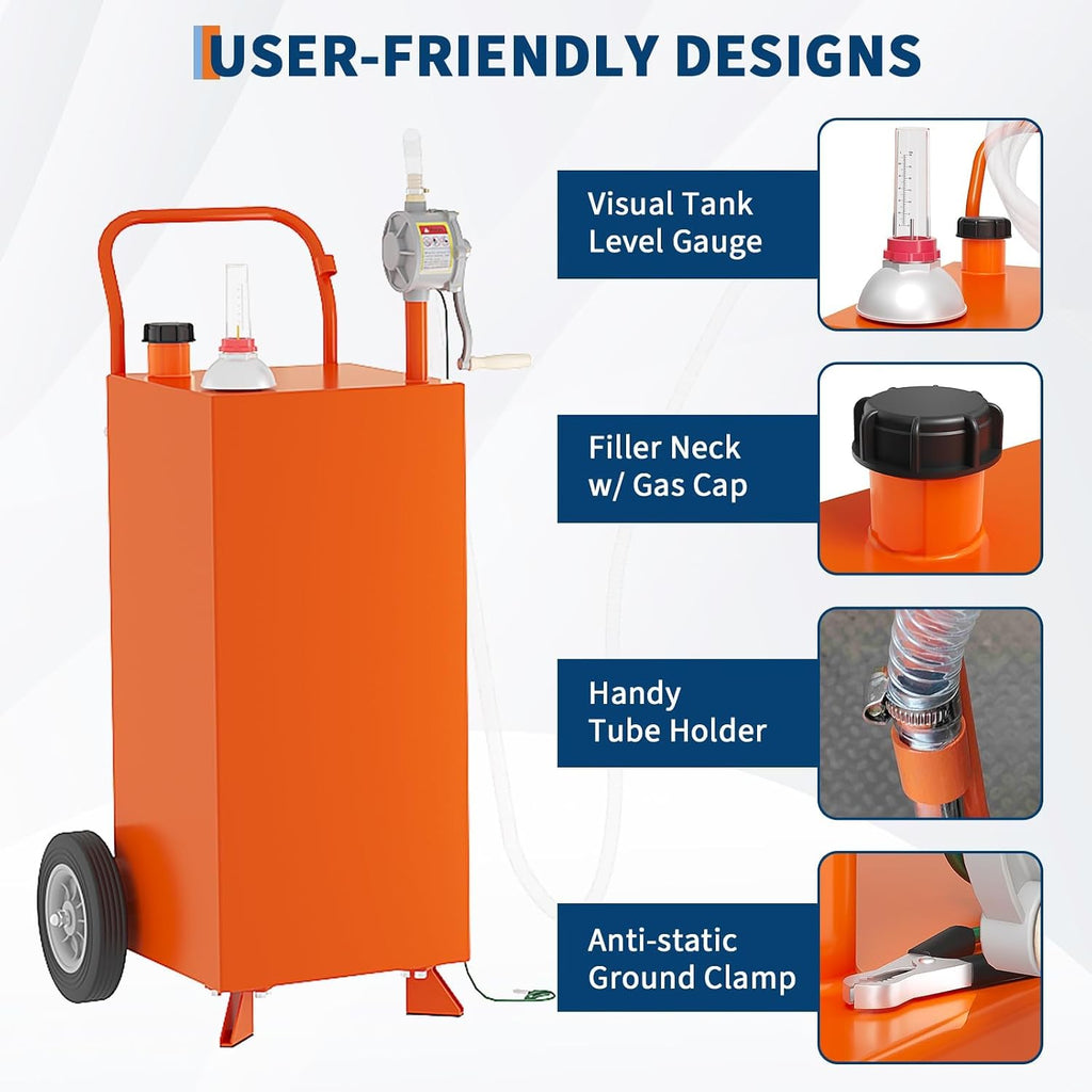 35 Gallon Fuel Caddy with Transfer Pump - Portable Gas Storage Tank, Multi-Purpose Gasoline/Diesel Container for Cars, Lawn Mowers, ATVs, Boats & More, Orange