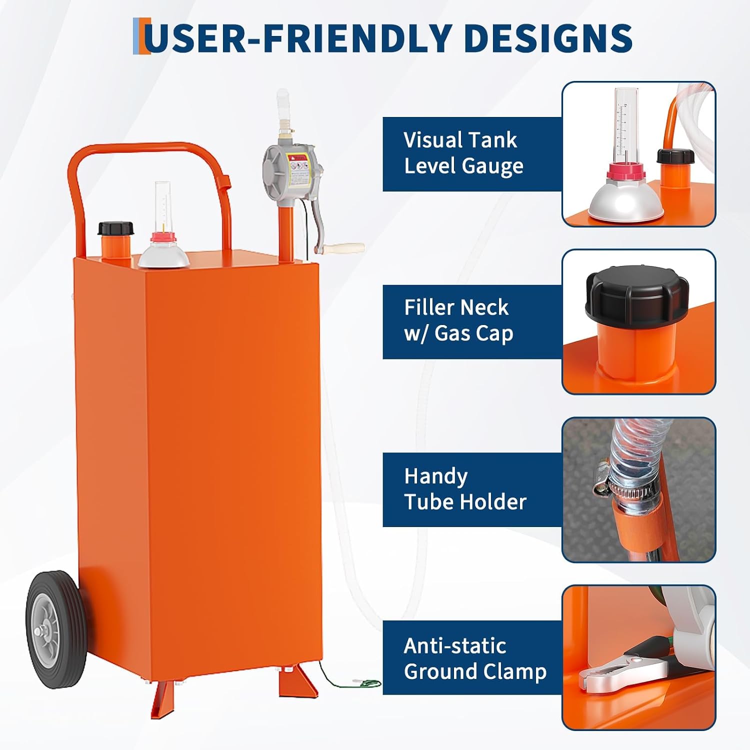 35 Gallon Fuel Caddy with Transfer Pump - Portable Gas Storage Tank, Multi-Purpose Gasoline/Diesel Container for Cars, Lawn Mowers, ATVs, Boats & More, Orange