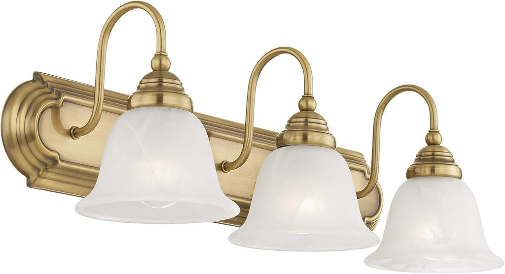 Livex Lighting 1003-01 Bath Vanity with White Alabaster Glass Shades, Antique Brass, 24 x 8.5 x 8.5