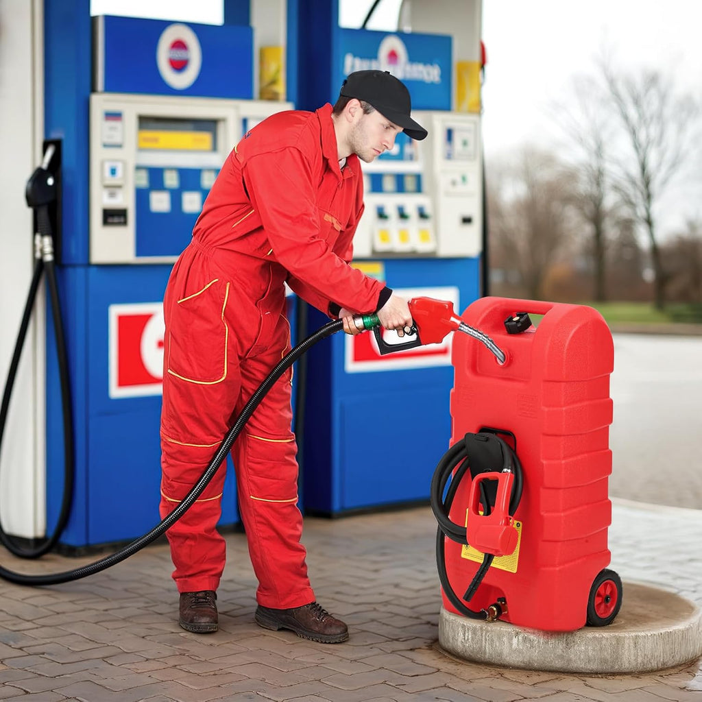 15 Gallon Fuel Tank, Gas Can Portable Container with LE Fluid Transfer Siphon Pump & 10ft Delivery Hose, Diesel Storage Caddy On-Wheels for Cars, Lawn Mowers, ATVs, Boats, etc., Red