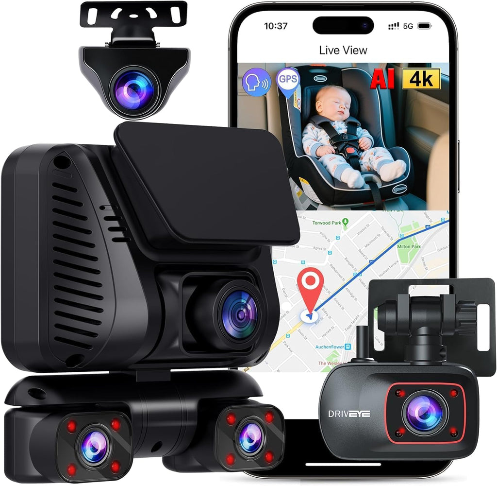 4K Dash Cam 360° View, 5 Channel Front and Rear Dash Camera for Cars, Built-in 5GHz Wi-Fi GPS, Voice Control, Free 128G Card,Night Vision,24H Parking Mode,G-Sensor