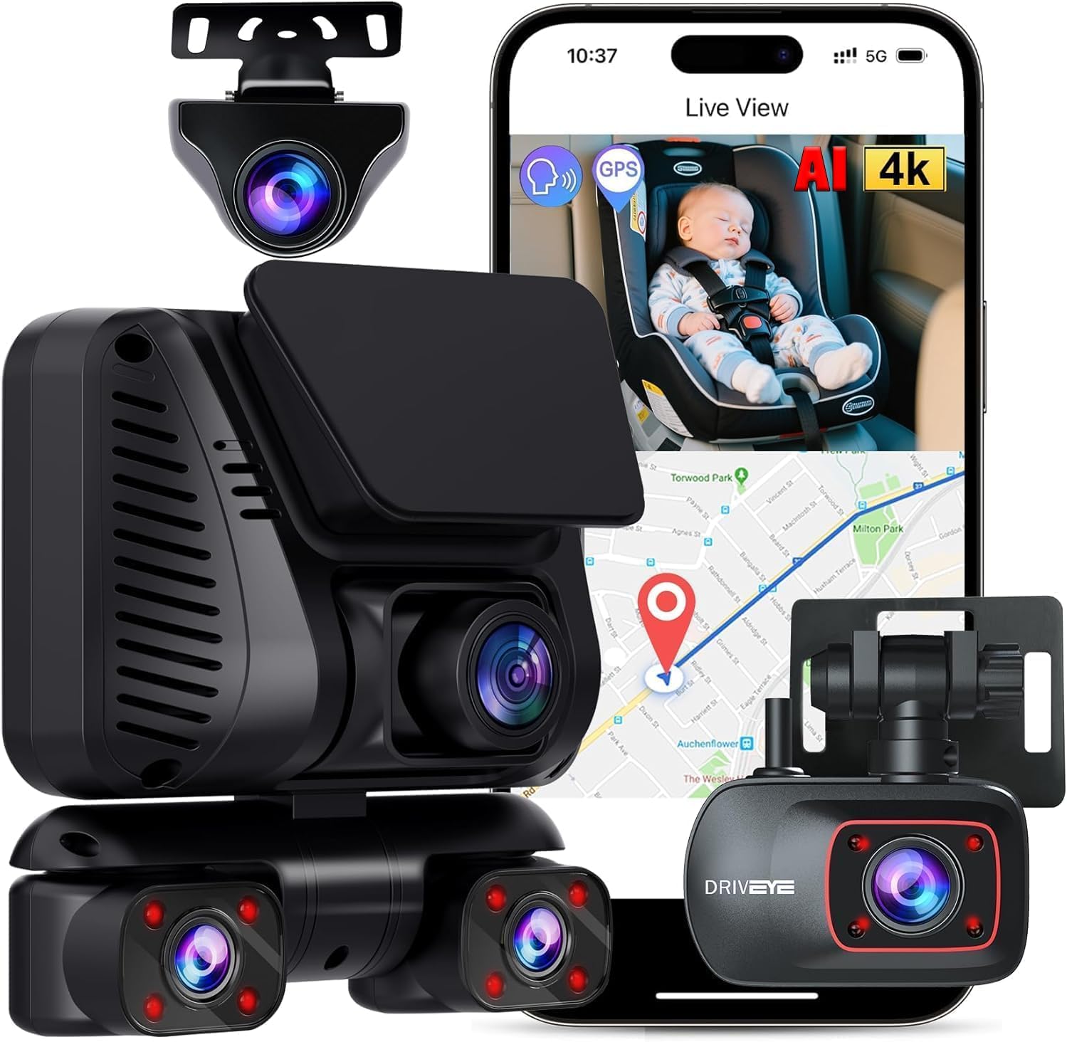 4K Dash Cam 360° View, 5 Channel Front and Rear Dash Camera for Cars, Built-in 5GHz Wi-Fi GPS, Voice Control, Free 128G Card,Night Vision,24H Parking Mode,G-Sensor