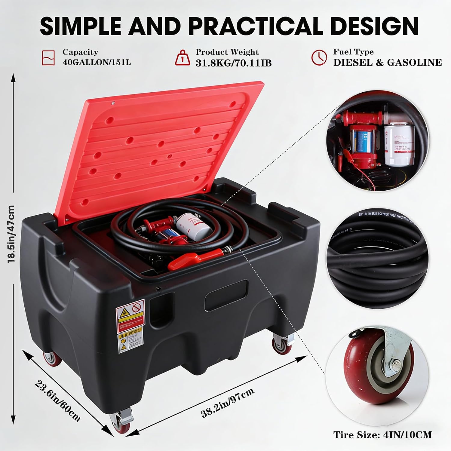 40 Gallon Fuel Caddy, Portable Gas Storage Fuel Tank with 12GPM Fuel Transfer Pump& 2 Wheels, Gasoline Diesel Fuel Container for Cars, ATVs, Boats, Lawn Mowers, Red