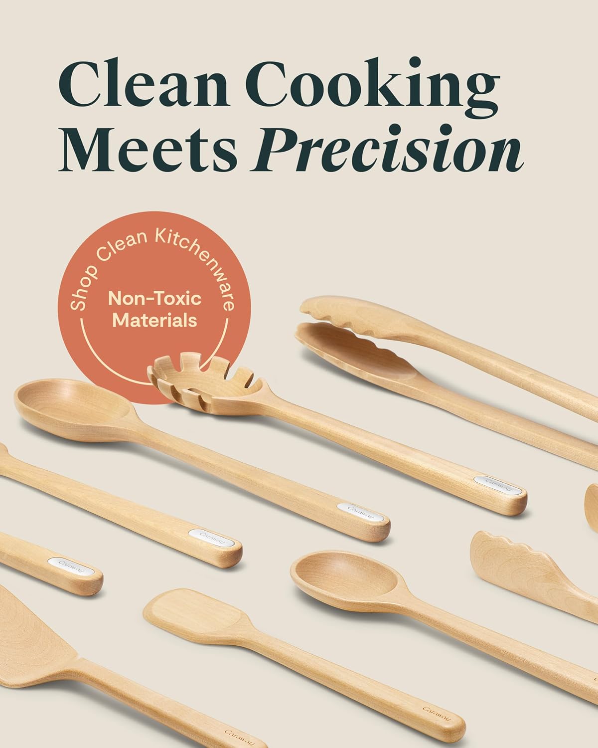 Caraway 9-Piece Wooden Kitchen Utensils Set for Cooking, Serving, and Plating - Includes Full-Size and Mini Spoons, Scrapers, Spatulas, Tongs and Server - Birch Wood