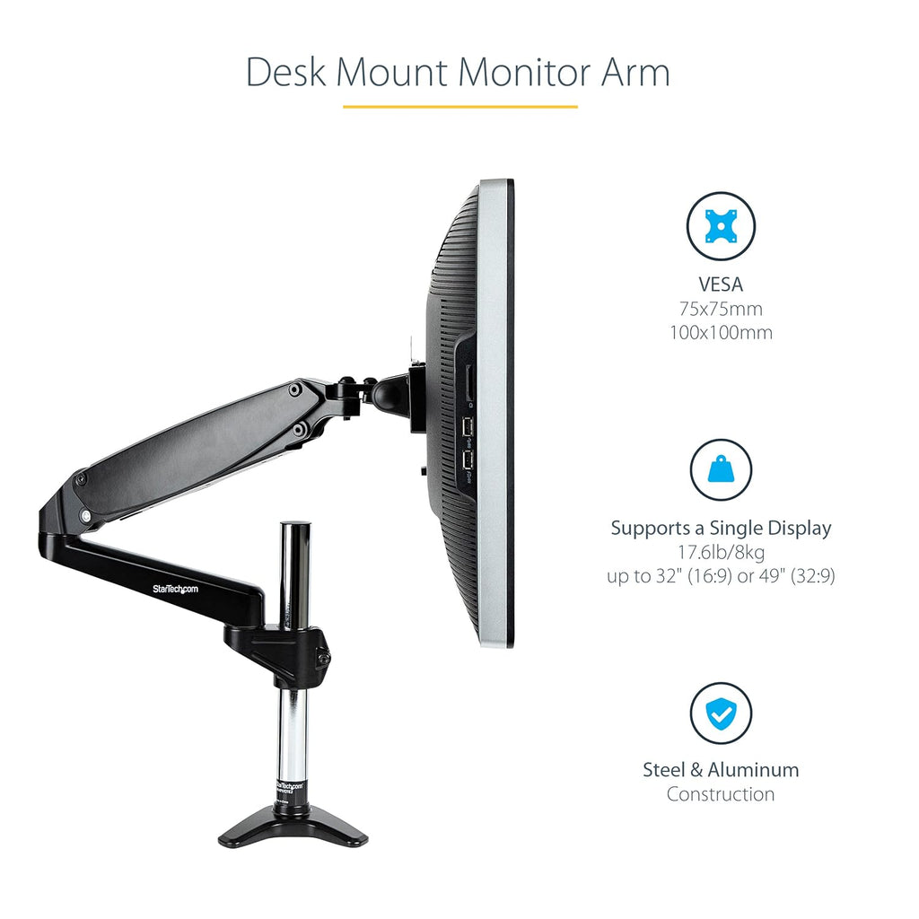 StarTech.com Desk Mount Monitor Arm for Single VESA Display up to 32' or 49' Ultrawide (17.6lb/8kg), Full Motion Articulating & Height Adjustable, Clamp or Grommet Base, Single Monitor Arm