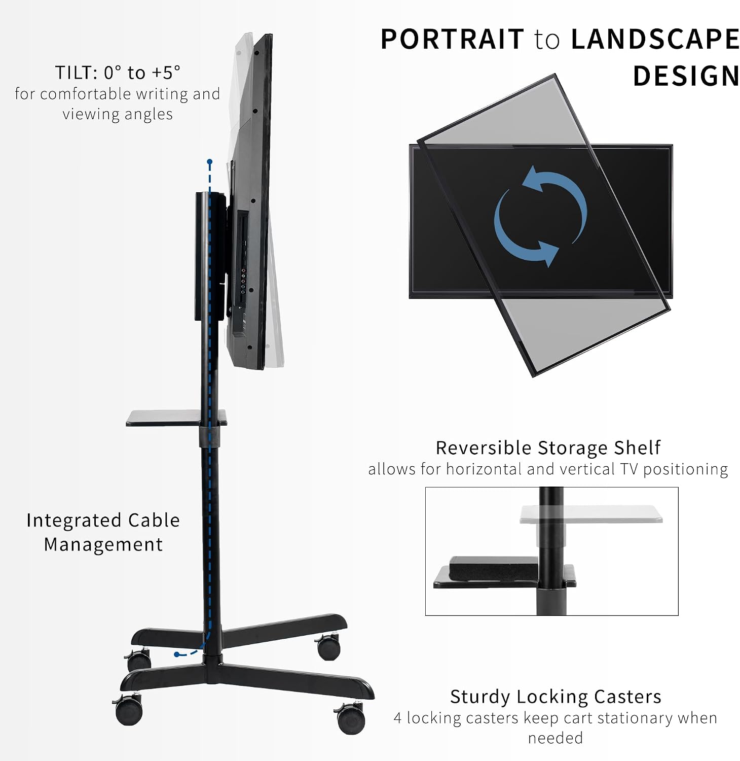 VIVO Mobile Premium TV Cart for 32 to 88 inch Screens up to 154 lbs, Samsung Digital Flipchart, Microsoft Surface Hub 2S, Portrait to Landscape, Shelf, Wheels, Max VESA 600x400, Black, STAND-TV02PB