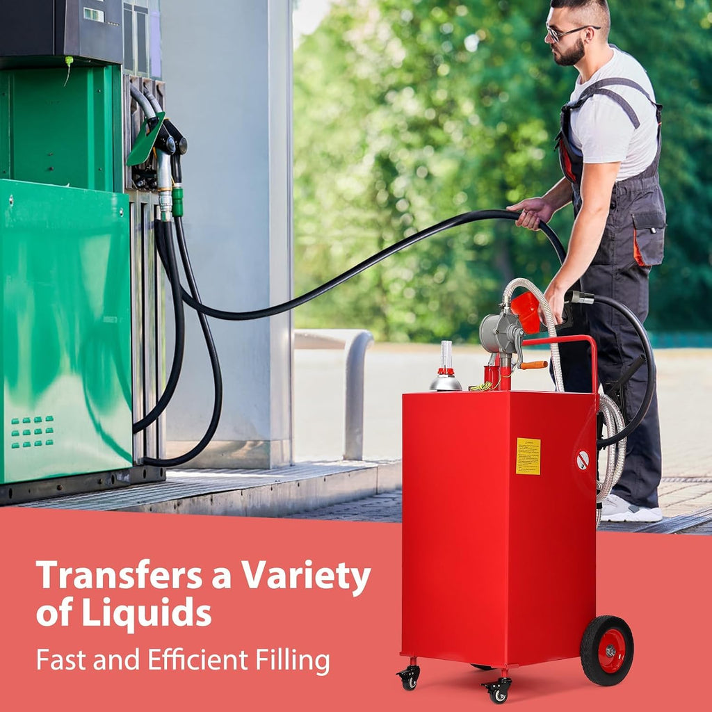 Portable Fuel Caddy with Manual Pump – 30 Gallon Gasoline & Diesel Transfer Tank, Mobile Fuel Storage for Lawn Mowers, Trucks, Boats, Farm Use