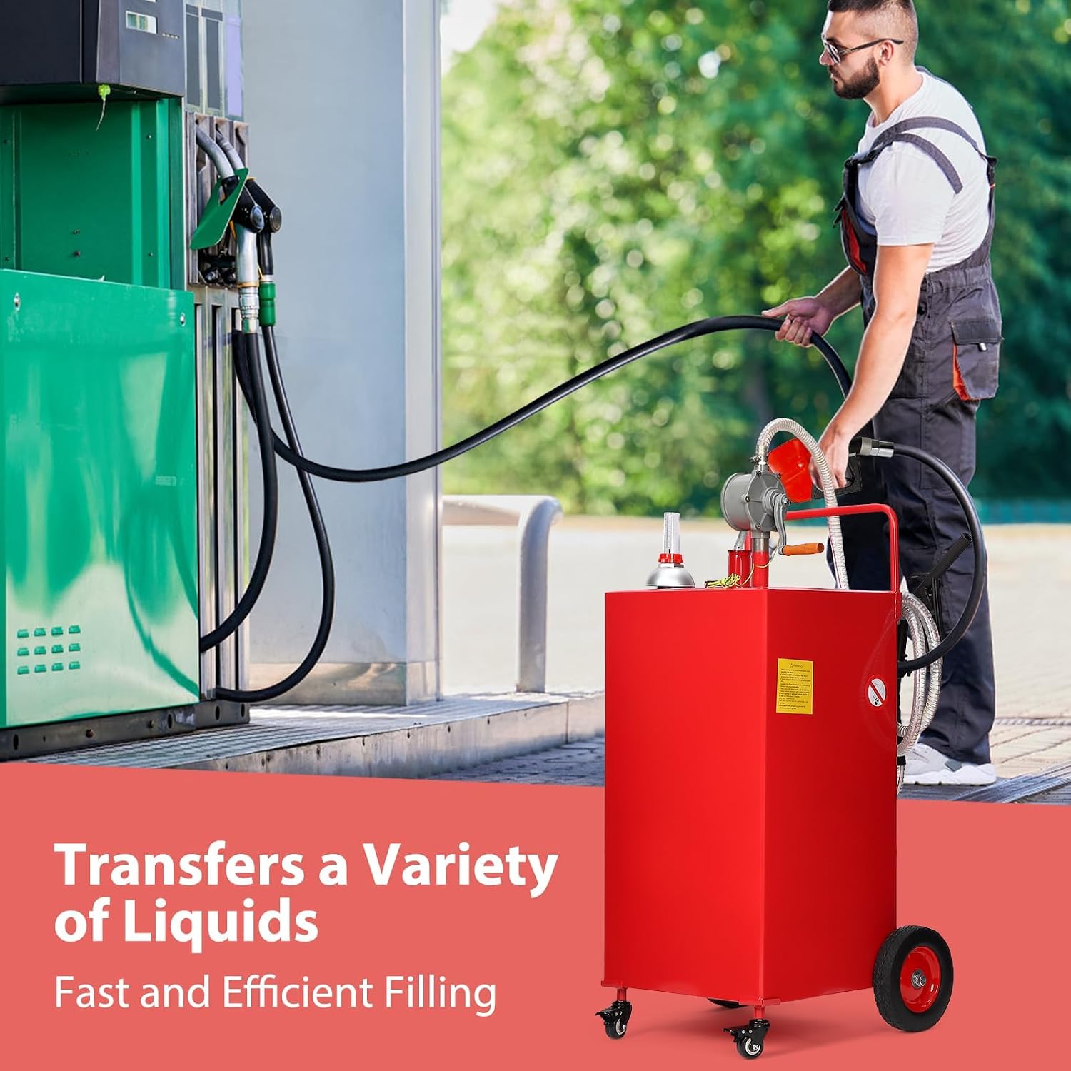 Portable Fuel Caddy with Manual Pump – 30 Gallon Gasoline & Diesel Transfer Tank, Mobile Fuel Storage for Lawn Mowers, Trucks, Boats, Farm Use
