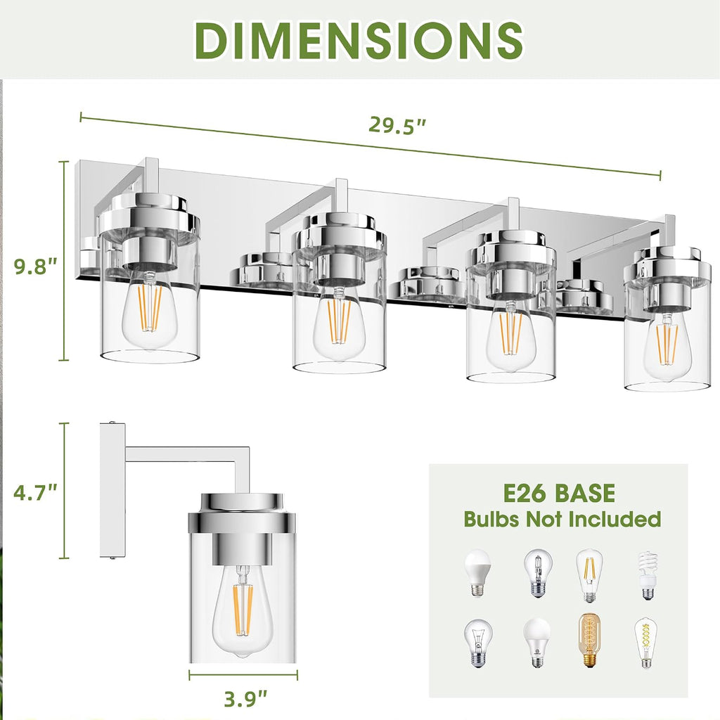 Chrome Light Fixtures, 4 Light Bathroom Vanity Light with Clear Glass Shade, 30 in Modern Vanity Light, Bathroom Lighting Fixtures Over Mirror for Living Room