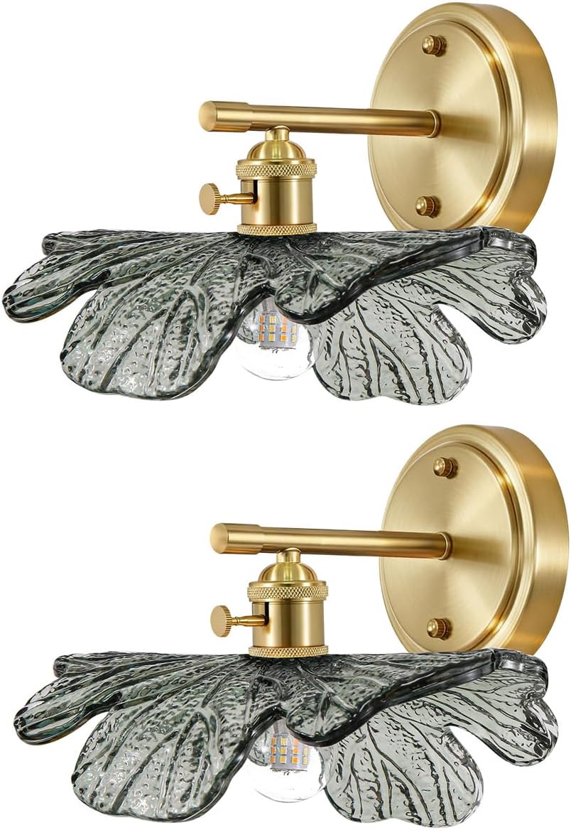 Vintage Bathroom Vanity Light Set of 2 with Dark Green Flower Glass | Art Deco Wall Sconces, Gold Living Room Hallway lighting fixtures, 110V E26 Brass, Supports dimmable bulbs, Easy to install