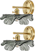 Vintage Bathroom Vanity Light Set of 2 with Dark Green Flower Glass | Art Deco Wall Sconces, Gold Living Room Hallway lighting fixtures, 110V E26 Brass, Supports dimmable bulbs, Easy to install