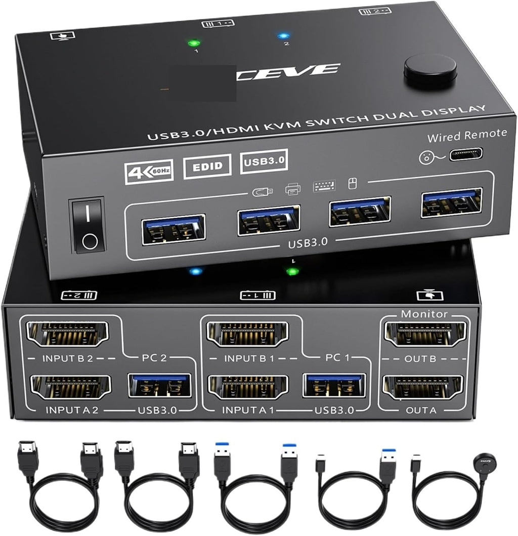 USB3.0 KVM Switch HDMI Dual Monitor,USB HDMI Extended Display Switcher for 2 Computers 2 Monitors and 4 USB 3.0 Ports