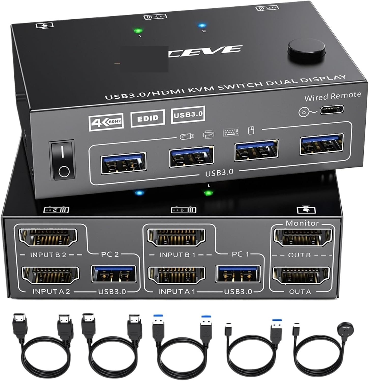 USB3.0 KVM Switch HDMI Dual Monitor,USB HDMI Extended Display Switcher for 2 Computers 2 Monitors and 4 USB 3.0 Ports