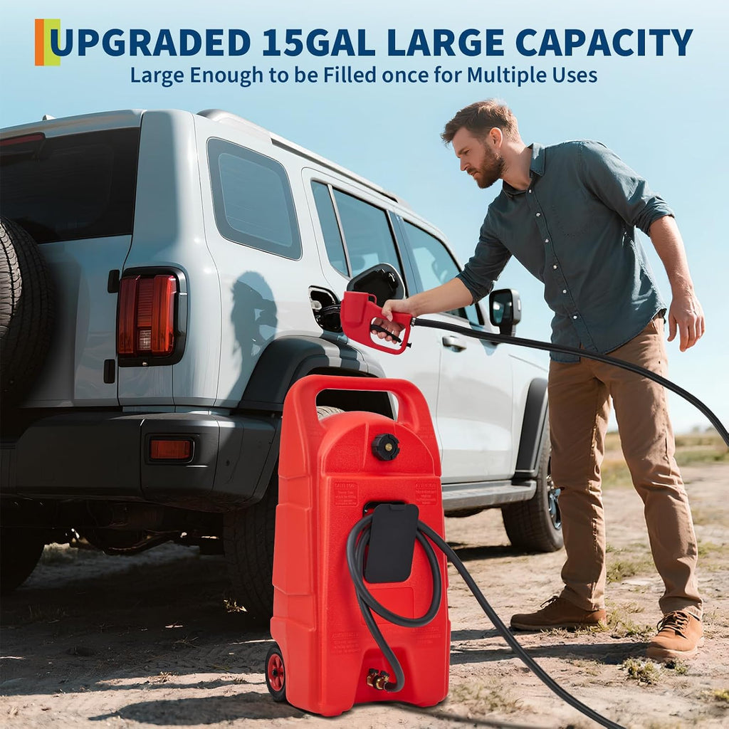 Upgraded 15 Gallon Gas Tank, Heavy-Duty Fuel Can with Manual Transfer Pump & 10FT Hose, Portable Gas Can with Casters, Leak-Proof Gas Container for Lawn Mowers, Tractor, Boat, Snow Blow
