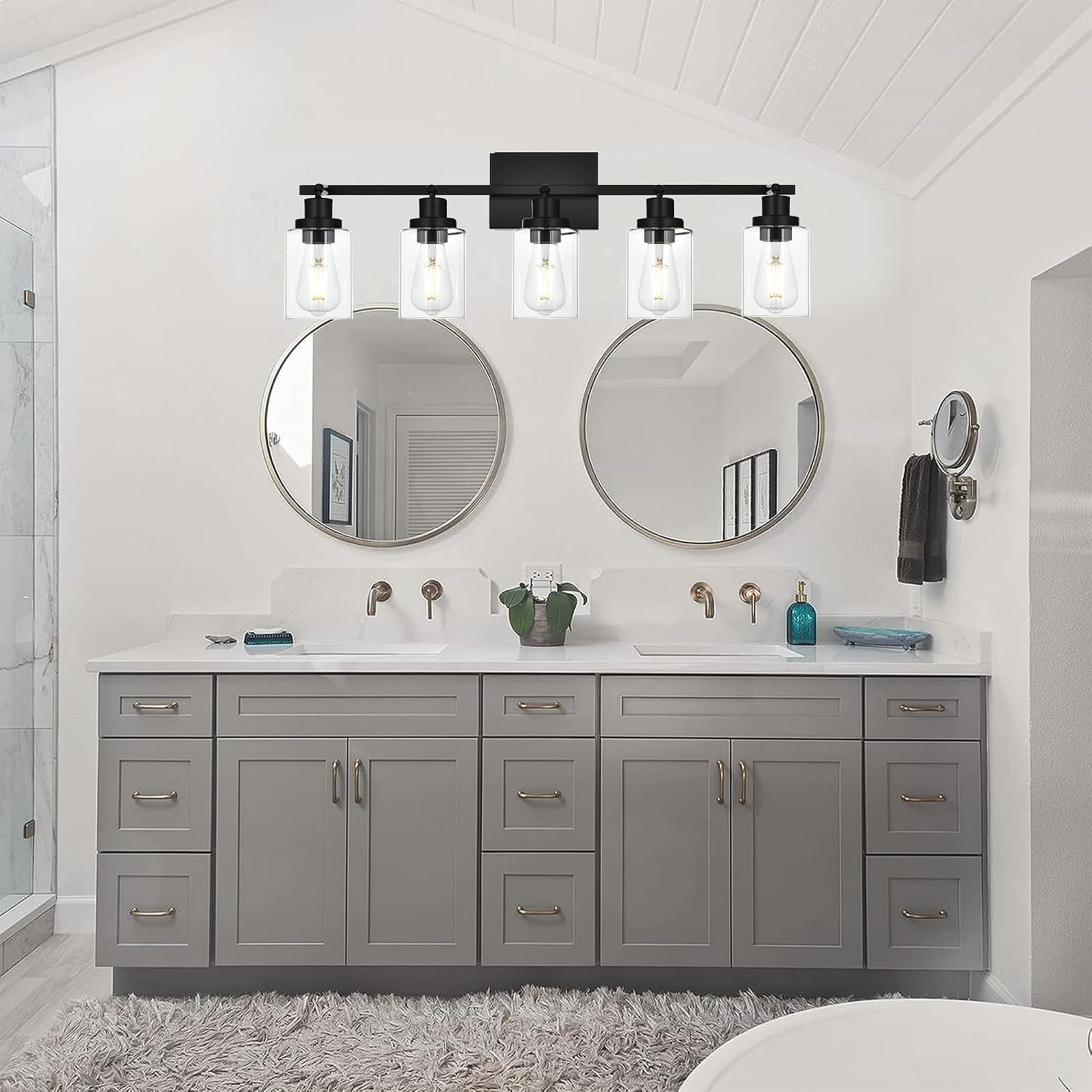 5-Light Track Lighting Kit Black Track Lighting Fixtures Bathroom Wall Sconces Ceiling Mount Kitchen Tracking Lights, Rotatable Spotlight with Clear Glass Shade for Kitchen Shop Hallway