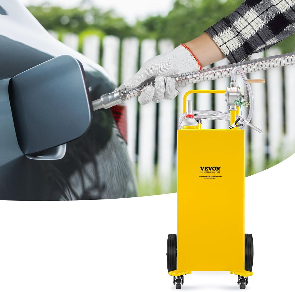 VEVOR Fuel Caddy, 35 Gallon, Gas Storage Tank on 4 Wheels, with Manual Transfer Pump, Gasoline Diesel Fuel Container for Cars, Lawn Mowers, ATVs, Boats, More, Yellow