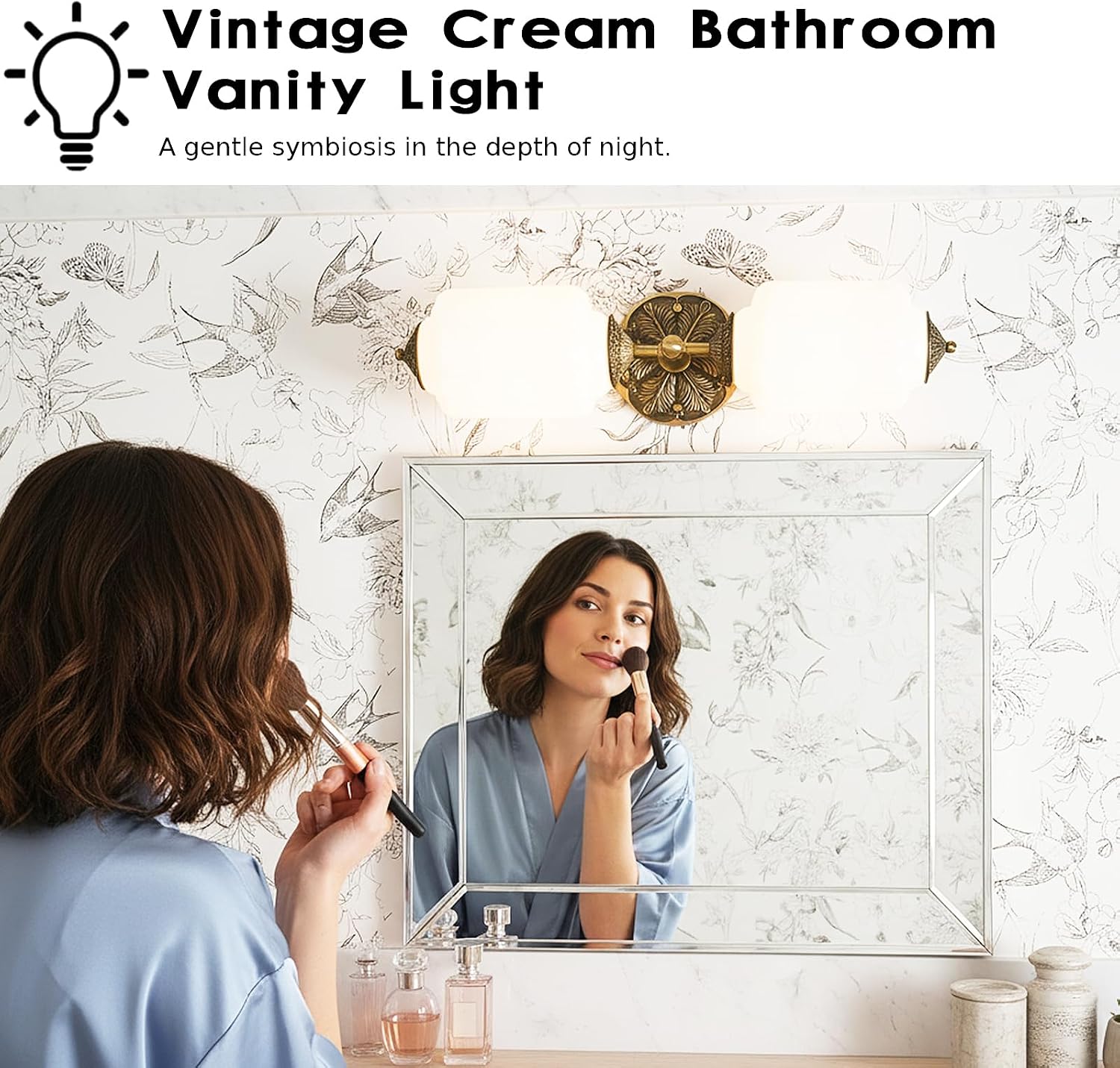 Milk Glass Bathroom Vanity Light - 2-Light Wall Sconce with Brass Finish Base & Green Glass Shade - Wall Sconce Lighting for Mirror, Kitchen, Living Room (White Glass with Gold Metal Accents)