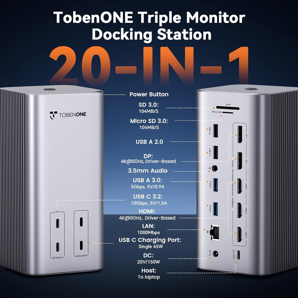 TobenONE 20-IN-1 Docking Station 3 Monitors for MacBook Neo, Triple 4K@60Hz Monitor Docking Station with 3 HDMI, 2 DP, 45W PD,150W Charger, 6 USB Ports, Driver-Based, for M1-M5 Pro/Max, Windows, Linux