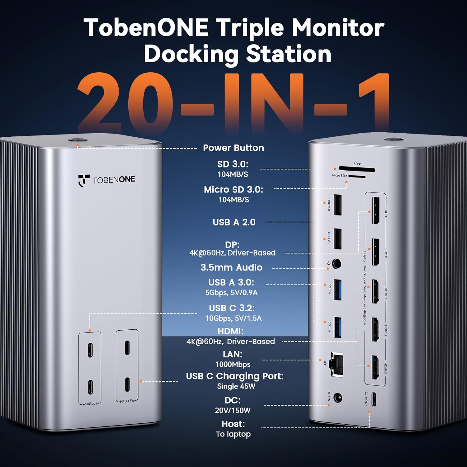 TobenONE 20-IN-1 Docking Station 3 Monitors for MacBook Neo, Triple 4K@60Hz Monitor Docking Station with 3 HDMI, 2 DP, 45W PD,150W Charger, 6 USB Ports, Driver-Based, for M1-M5 Pro/Max, Windows, Linux