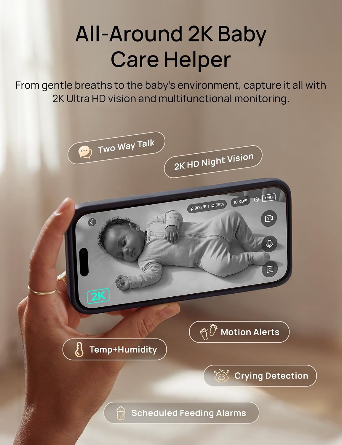 Dr.Care LumiView Max Smart WiFi Baby Monitor - 7' 1080P FHD & 2K Camera, Privacy Mode, Cry & Motion Detection, 6000mAh Removable Battery, Snapshot & Video Recording