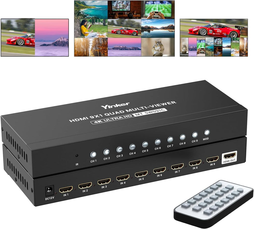 4K HDMI Multiviewer 9x1, 4K@30Hz Seamless HDMI Switcher 9 in 1 Out w/IR Remote, Multiple Display Modes for Laptops/PC/Set-up Box/Security Camera/PS5