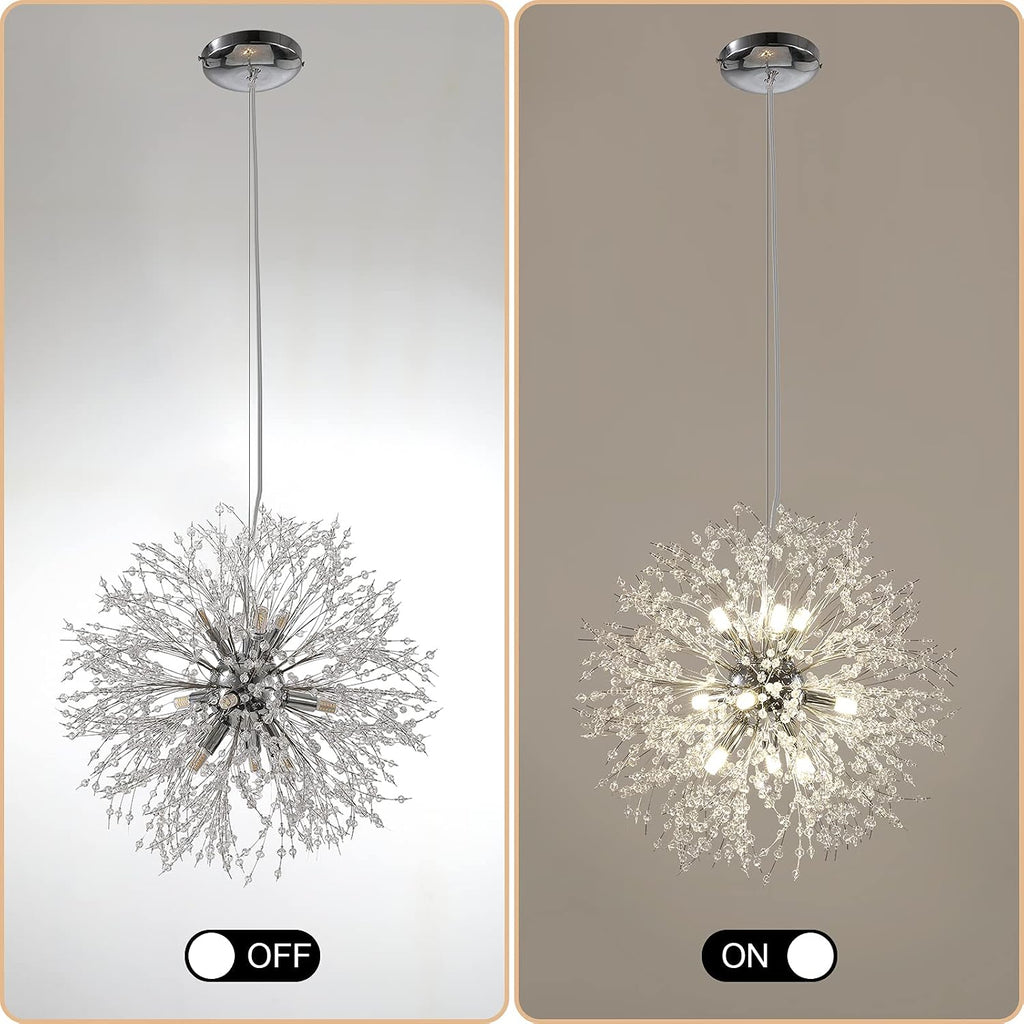 Lingkai 19.9' Chrome Modern Crystal Chandeliers Firework, Bubble Chandelier Lighting for Bathroom Dining Room Bedroom Kitchen Island Living Room Light Fixture, 9-Light Chrome Hanging Round Chandalier