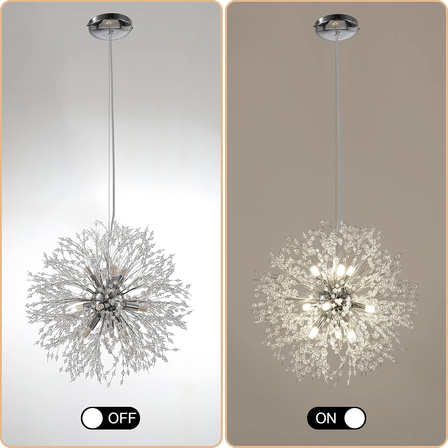 Lingkai 19.9' Chrome Modern Crystal Chandeliers Firework, Bubble Chandelier Lighting for Bathroom Dining Room Bedroom Kitchen Island Living Room Light Fixture, 9-Light Chrome Hanging Round Chandalier