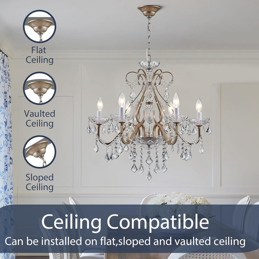 Bestier Antique Silver Vintage Candle Chandelier Crystal Lighting Fixture Lamp for Dining Room Bathroom Foyer Livingroom 6 E12 Bulbs Required D24 in x H26 in
