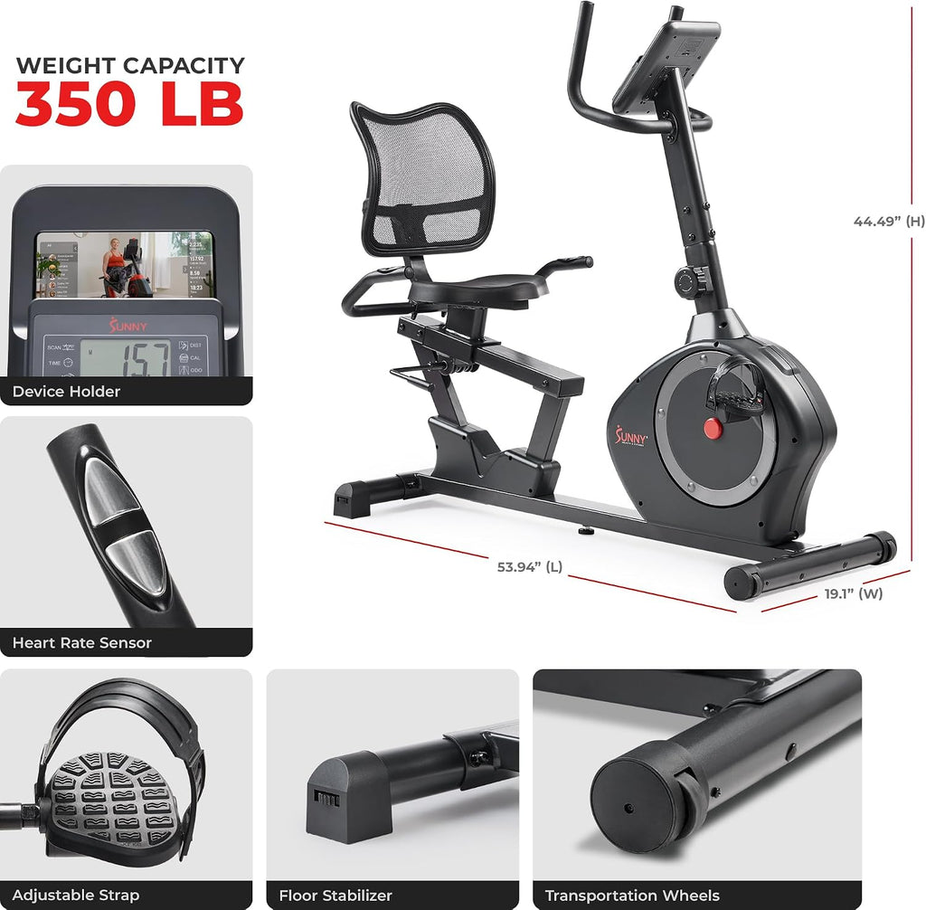 Sunny Health & Fitness Smart Recumbent Bike, Wide Cushioned Seat & Back, Indoor Cycling Machine for Adult/Seniors Home Exercise, Free SunnyFit App Connection