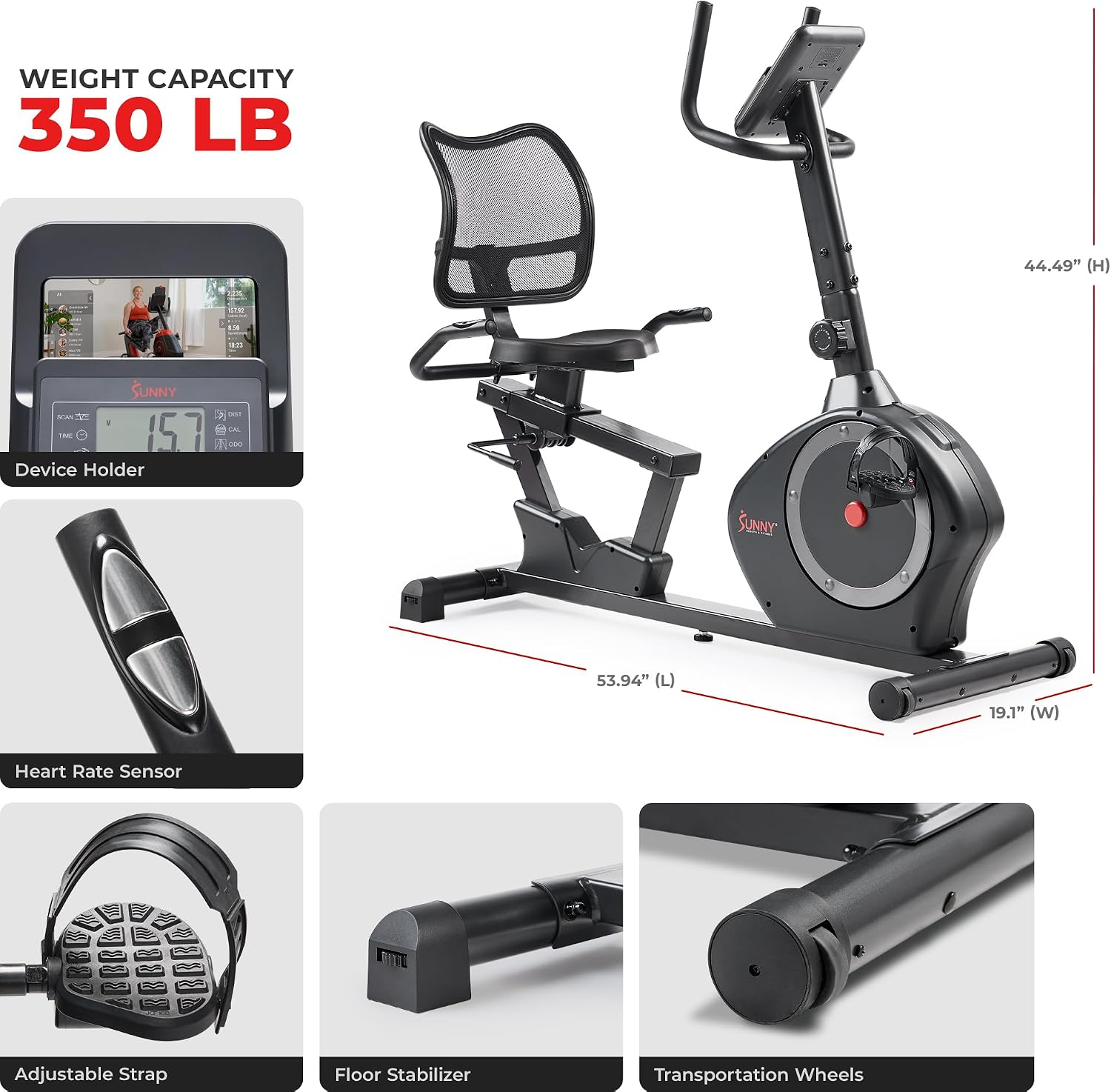 Sunny Health & Fitness Smart Recumbent Bike, Wide Cushioned Seat & Back, Indoor Cycling Machine for Adult/Seniors Home Exercise, Free SunnyFit App Connection