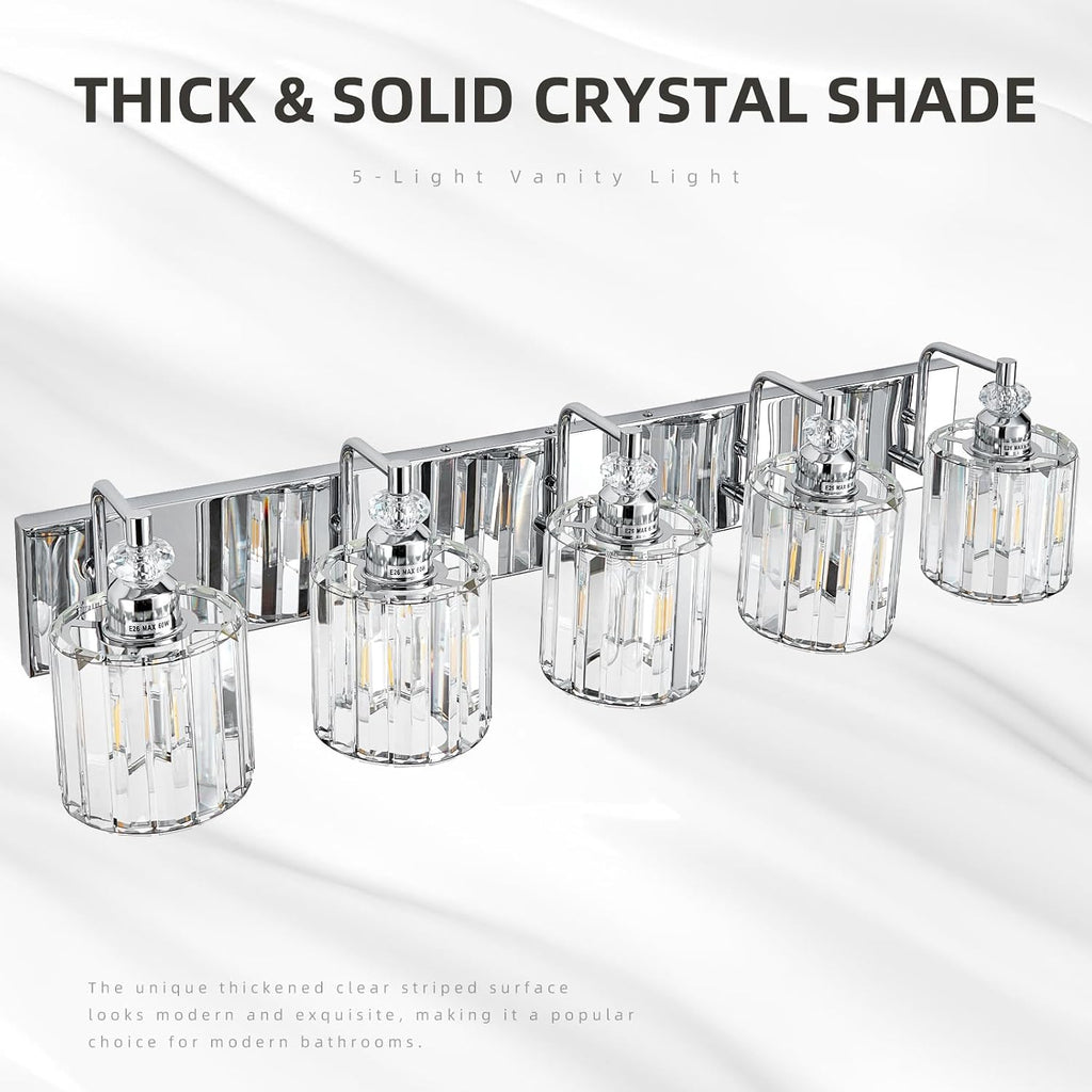 5-Light Modern Bathroom Light Fixture Chrome Bathroom Vanity Lights Over Mirror Wall Sconce Lighting with K9 Crystal Shades E26 Base for Bedroom, Living Room, Hallway Wall Lamp