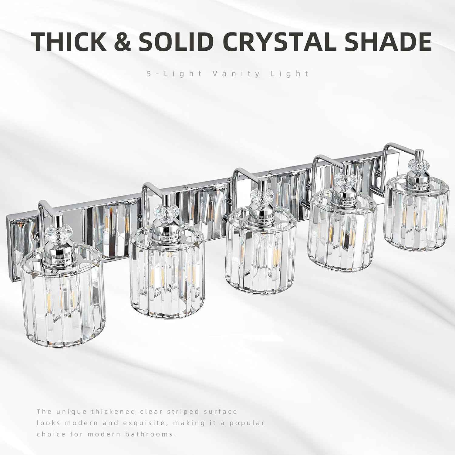 5-Light Modern Bathroom Light Fixture Chrome Bathroom Vanity Lights Over Mirror Wall Sconce Lighting with K9 Crystal Shades E26 Base for Bedroom, Living Room, Hallway Wall Lamp