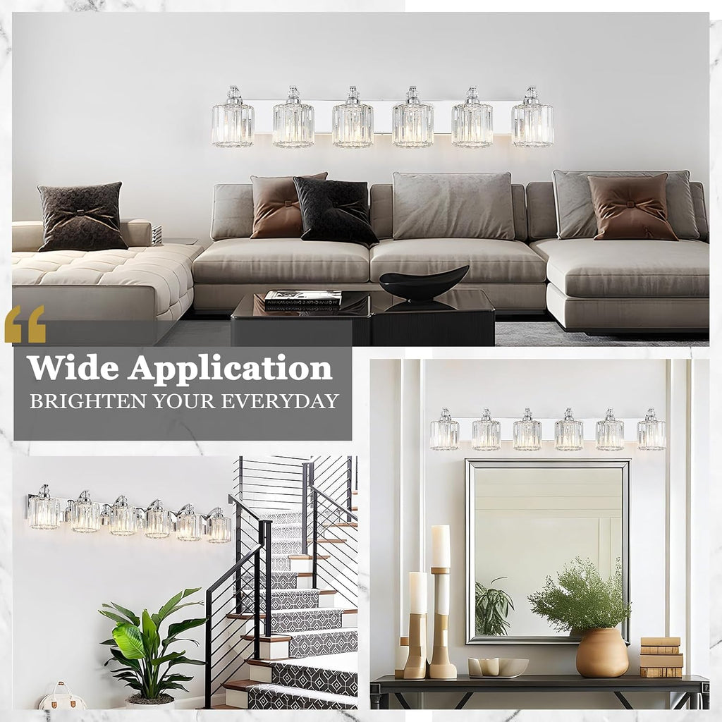 6-Light Modern Bathroom Light Fixture Chrome Vanity Lights Over Mirror Wall Sconce Lighting with K9 Crystal Shades Bathroom Wall Lamp E26 Base for Bedroom, Living Room, Hallway