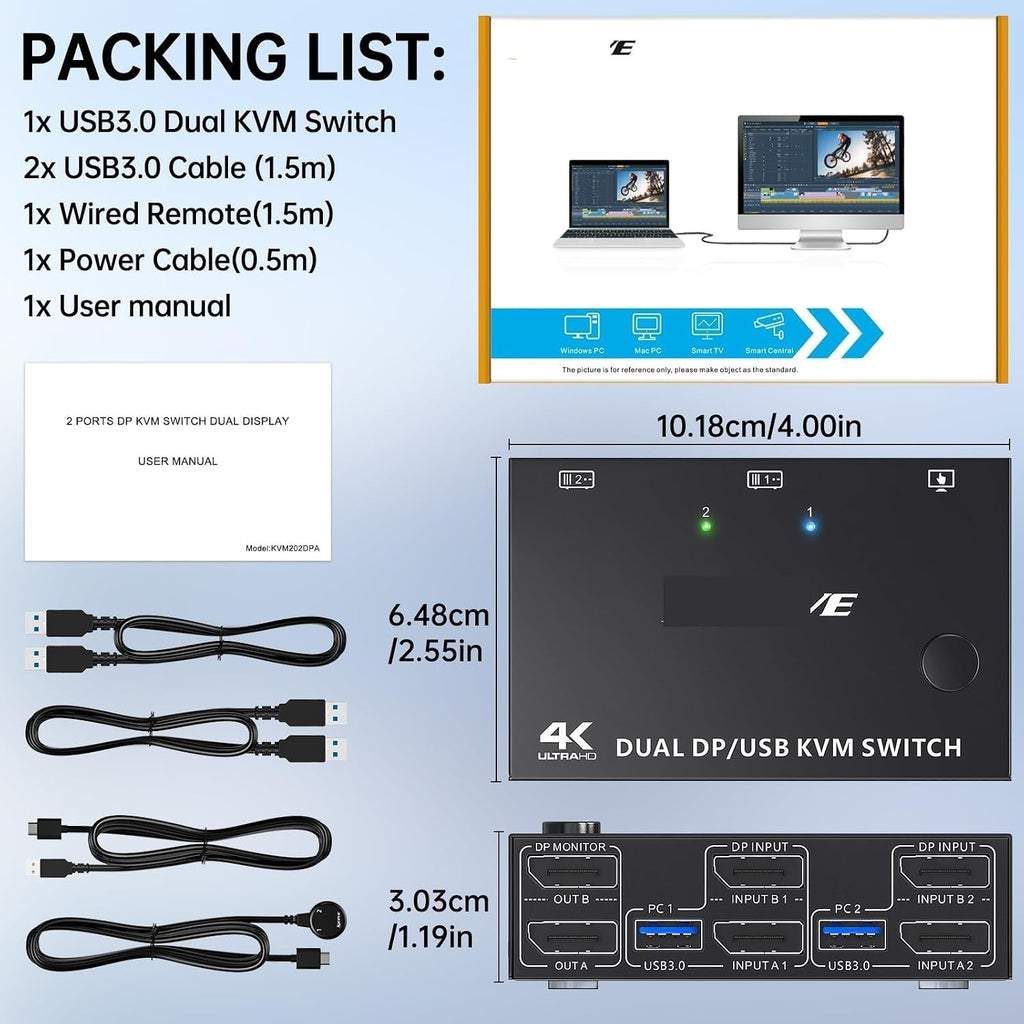 8K USB 3.0 Displayport KVM Switch 2 Monitors 2 Computers 8K@30Hz 4K@144Hz,Dual Monitor DP 1.4 KVM Switches with 4 USB 3.0 Port(202DP-USB 2.0)