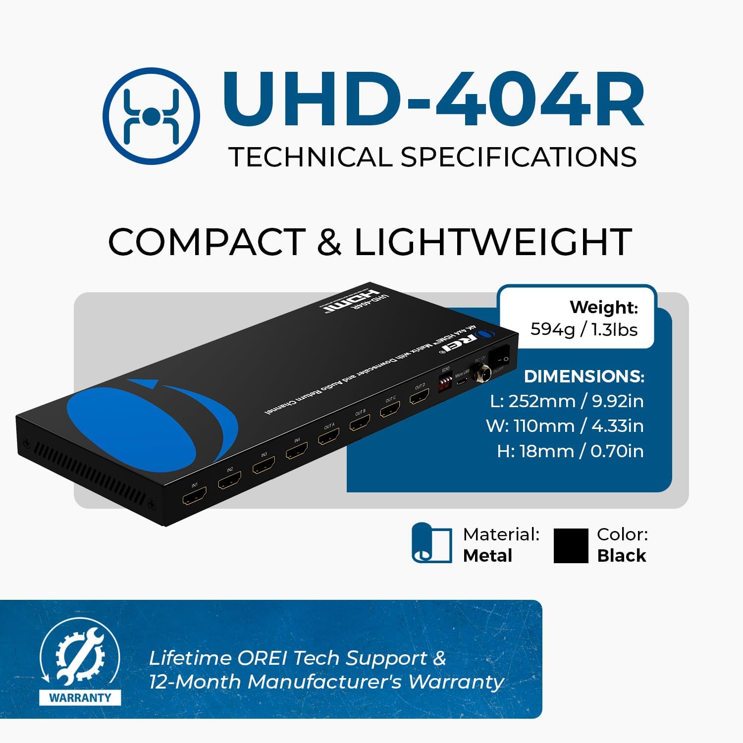 OREI 4K@60Hz 4×4 HDMI Matrix Switch with Downscaler & ARC, 18Gbps, HDCP 2.2, HDR, Audio Extraction (Optical & Analog), 4K-to-1080p Scaling, IR Remote (UHD-404R)