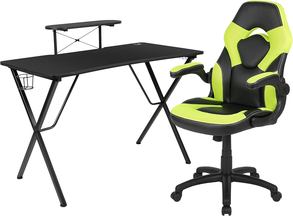 Flash Furniture Black Gaming Desk and Green/Black Racing Chair Set with Cup Holder, Headphone Hook, and Monitor/Smartphone Stand