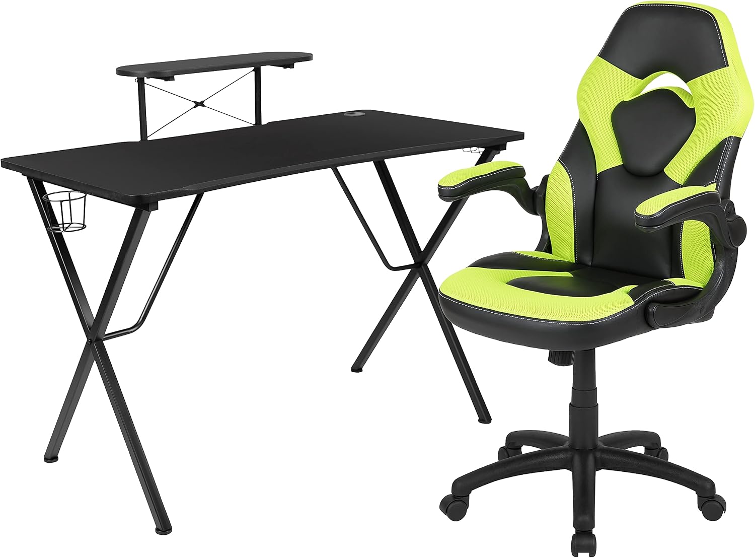 Flash Furniture Black Gaming Desk and Green/Black Racing Chair Set with Cup Holder, Headphone Hook, and Monitor/Smartphone Stand
