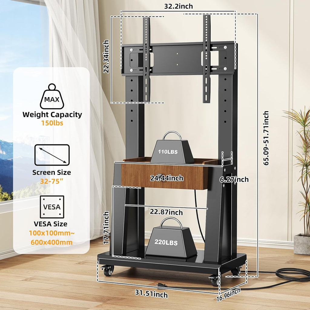 Rolling TV Cart with Power Outlet, Mobile TV Stand with Drawer and Wheels, Height Adjustable Mobile TV Cart for 23-75 inch,Screen Up to 150lbs,TV Stand for Bedroom,Indoor