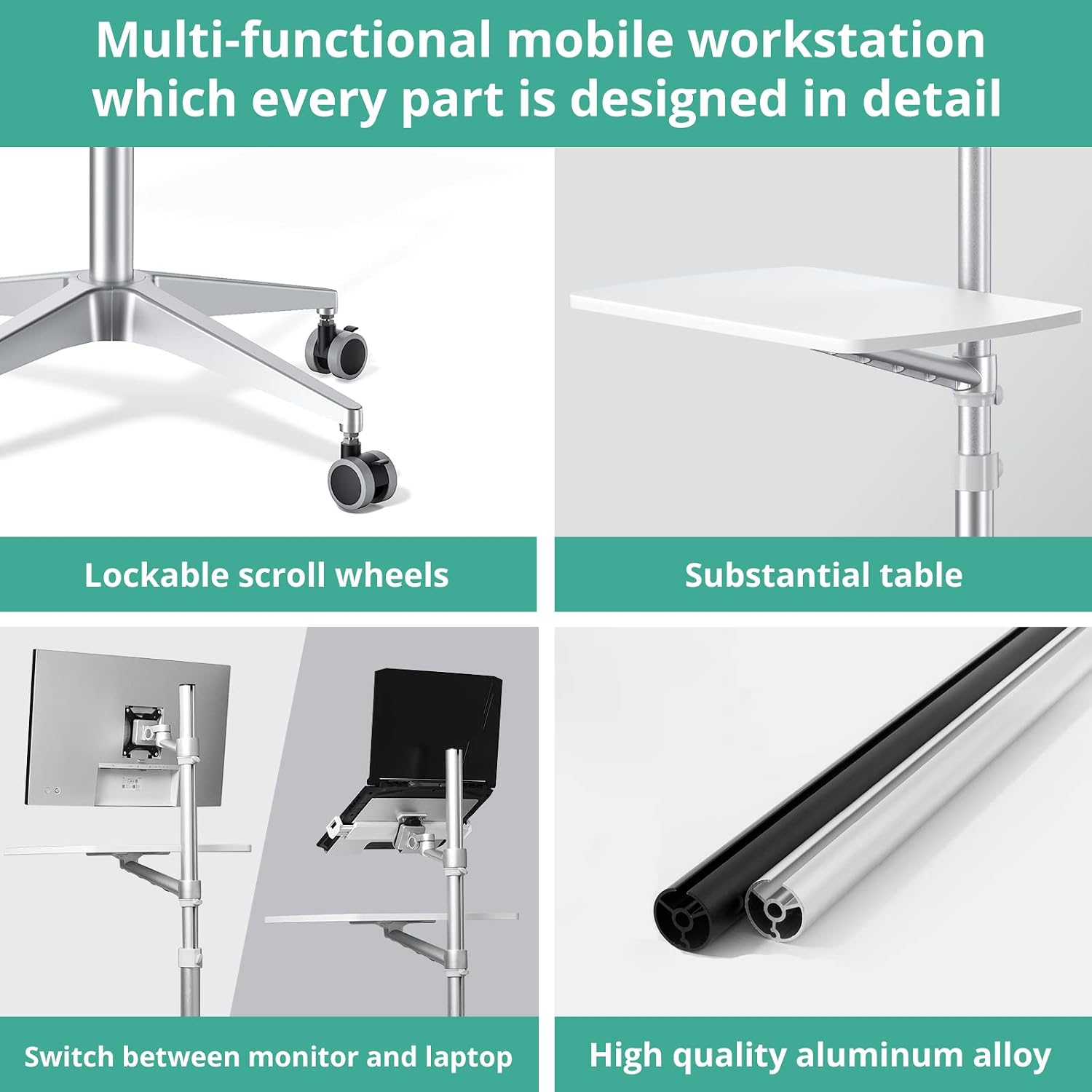 viozon Mobile Desk,Mobile Workstation,Mulitiuse Rolling Laptop Floor Stand,34'-48.6' Height Adjustable,Compatible with 17'-27'Monitor&12'-17'Laptop,21'×14' Desk Board,Maxload 17.6lbs,4 Lockable Wheels