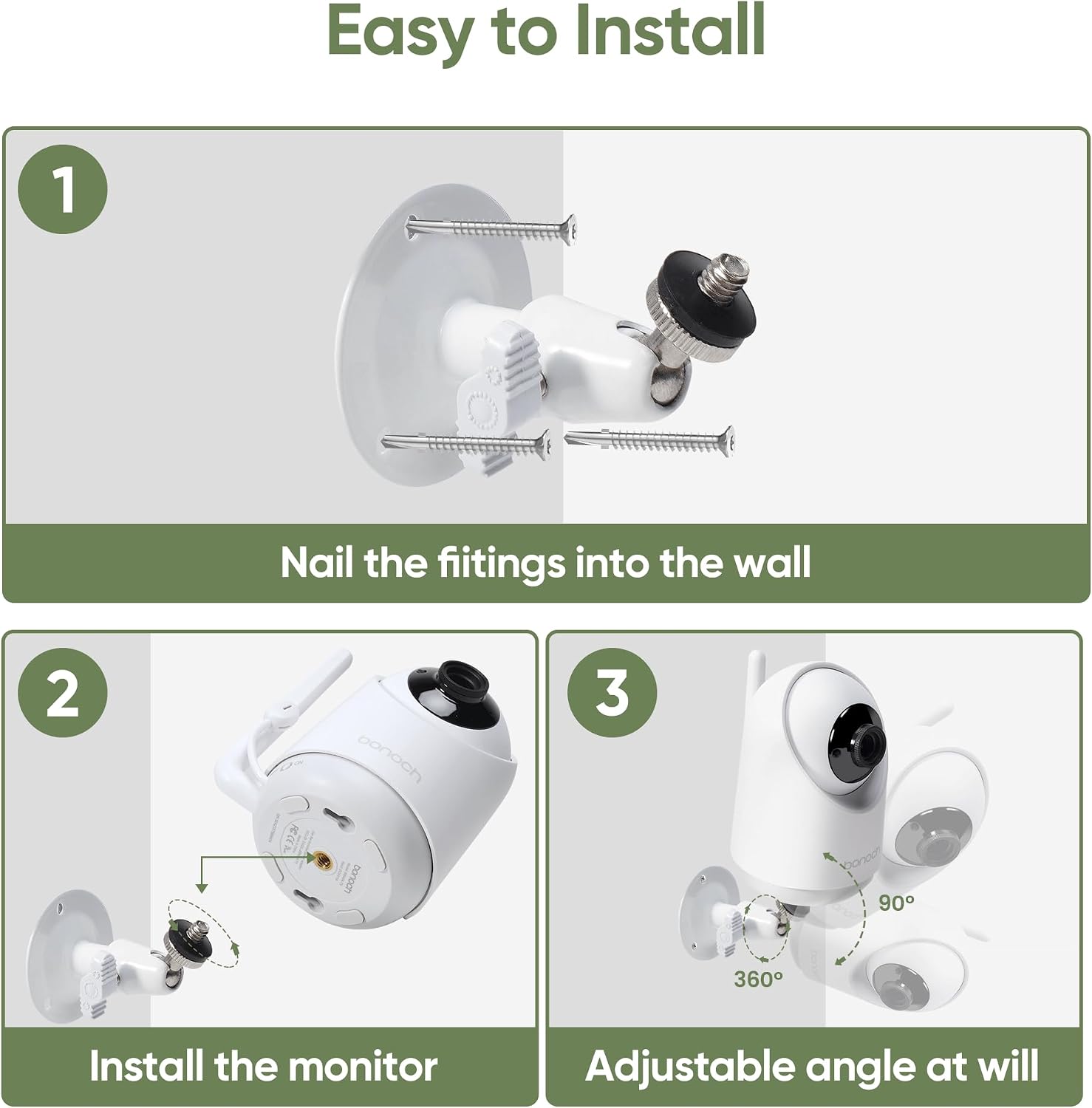 bonoch 5.5' 1440p Baby Monitor with Camera and Audio with Wall Mount, No WiFi Baby Camera, 240h Lasting, Smart Detect Sleep Turn Over/Cry/Motion, 7800mAh, Hack Proof Video Monitor, White Noise