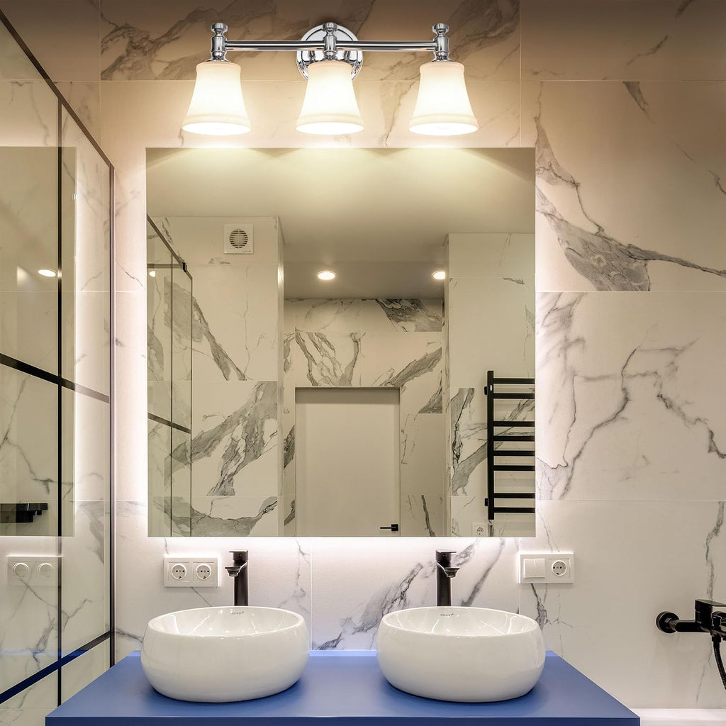 Bathroom Vanity Light Fixtures, Traditional Chrome 3 Lights Wall Sconce Lighting with Opal Glass Shade, Porch Wall Mount Light Fixture for Bathroom, Mirror Cabinets Hallway Stairs