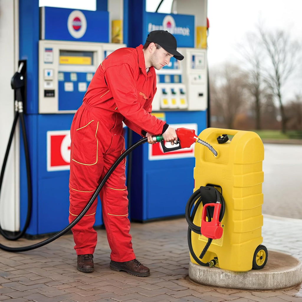 15 Gallon Fuel Tank, Gas Can Portable Container with LE Fluid Transfer Siphon Pump & 10ft Delivery Hose, Diesel Storage Caddy On-Wheels for Cars, Lawn Mowers, ATVs, Boats, etc. (Yellow)
